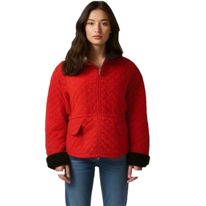 90s KORET RED QUILTED UTILITY BARN JACKET W BLACK FLEECE COLLAR & CUFFS SZ L